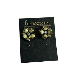 Francescas Collections Earrings Green Flowers Gold Tone Posts Rhinestone Center
